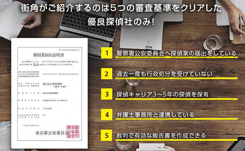 街角がご紹介するのは５つの審査基準をクリアした優良探偵社のみ