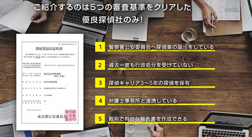 ご紹介するのは５つの審査基準をクリアした優良探偵社のみ！