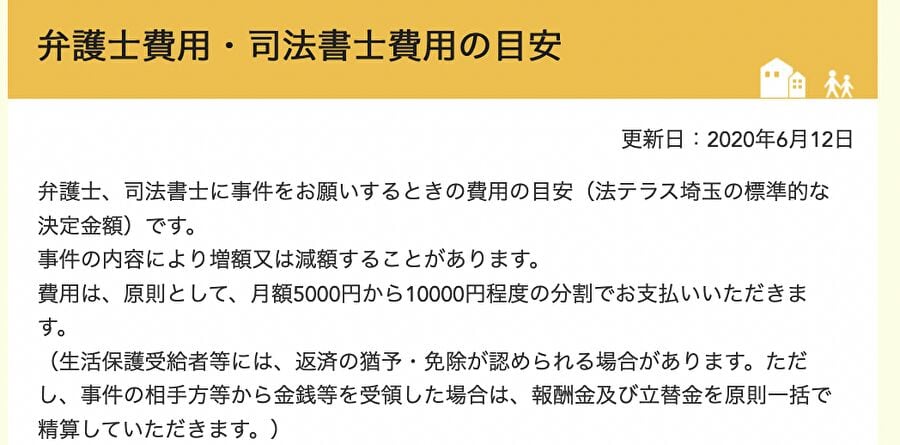 法テラスの弁護士費用・司法書士費用の目安